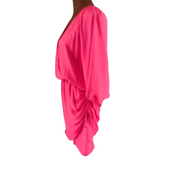 Krisa Neon Pink Batwing Wrap Mini Dress Women's Small NWT Ruched Waist Revolve - Picture 3 of 9